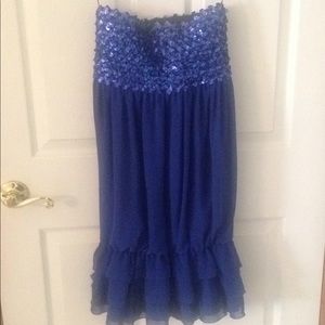 Blue Sequined Strapless Dress